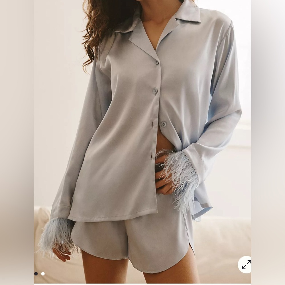 Audrey Adele Feather-Trim Pajama Blouse & Shorts Set